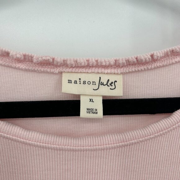 MAISON JULES Basic Light Pink Ribbed Scalloped Hem Short Sleeve Shirt Size XL - Picture 4 of 5